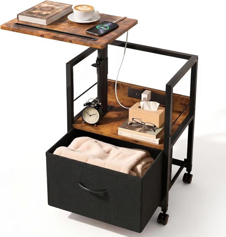 🔥 Swivel Lift Top Nightstand with Charging Station, Rolling Side Table for Recliner, Bedside Table with Wheels & a Fabric   — $27  (was $45)