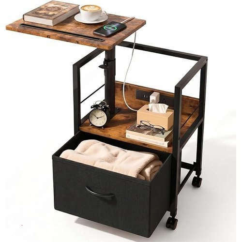 🔥 Swivel Lift Top Nightstand with Charging Station, Rolling Side Table for Recliner, Bedside Table with Wheels & a Fabric   — $27.99  (was $45)