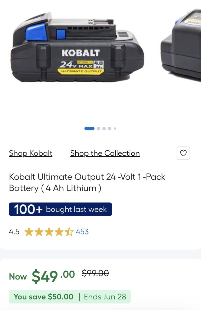 🔥 Kobalt Ultimate Output 24 -Volt 1 -Pack Battery ( 4 Ah Lithium )  — $49  (was $99)