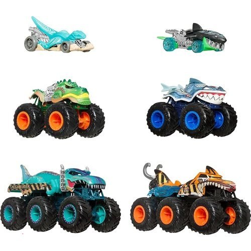 🔥 Hot Wheels Toy Cars & Monster Trucks, Sharks vs. Dinos Multipack with 8 Total Vehicles, Including Big Rigs, 1:64 Scale M  — $19.99