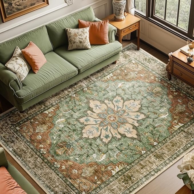 🔥 Area Rugs 8’x10′ Washable Non-Slip, Floral Vintage Distress Print Pattern Medallion Carpet for Living Room Bedroom Dinin