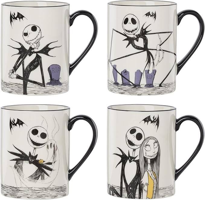 🔥 Lenox Coffee Mugs, Nightmare Before Christmas 16 Oz Mugs Set of 4, Porcelain Assorted Halloween Drinkware Set, Jack Skel  — $21  (was $57)