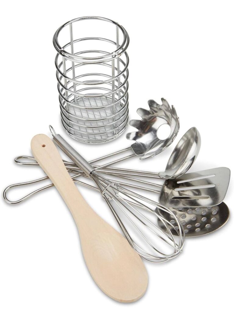 🔥 Melissa & Doug Stir & Serve Cooking Utensils (7 pcs) – Stainless Steel & Wooden Play Kitchen Accessories, Preschool Lear  — $8  (was $18.99)