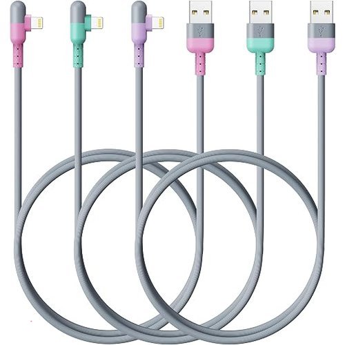 🔥 x. – iPhone Charger 6ft Right Lightning Cable 3Pack,90 Degree Apple Certified Nylon Braided USB Fast Charging Cord for i  — $3