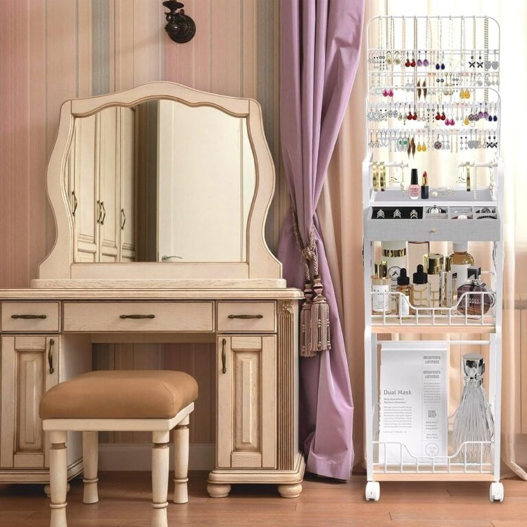 🔥 Large Jewelry Organizer Stand with Box Drawer, Multifunctional Display Cases with Wheels, Armoire Jewelry Cabinet for Ea  — $19  (was $49)