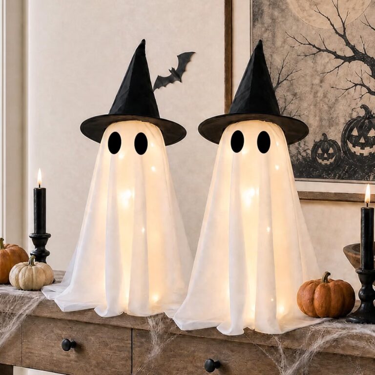 🔥 Halloween Decorations-Set of 2 Light-Up Ghosts with Witch Hats, Ghost Table Centerpiece-Spooky Tabletop Decor for Mantel  — $12  (was $25)