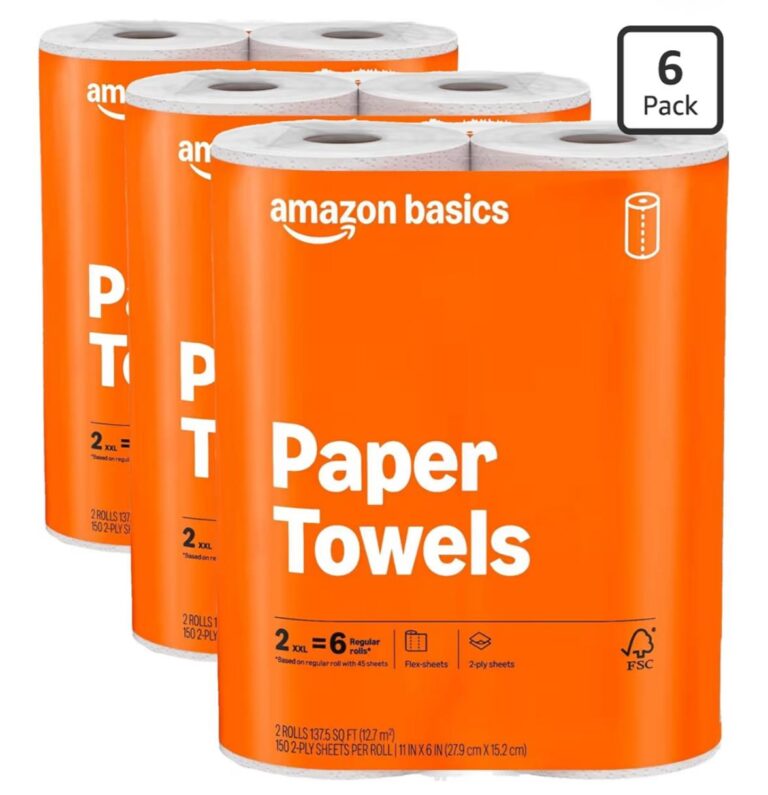 🔥 Amazon Basics 2-Ply Flex-Sheets Paper Towels, 6 Rolls = 20 Regular Rolls, 150 Sheets per Roll, Everyday Value  — $6  (was $14)