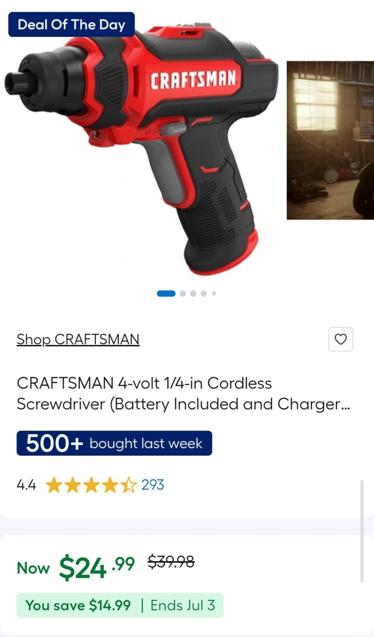 🔥 CRAFTSMAN 4-volt 1/4-in Cordless Screwdriver (Battery Included and Charger Included)  — $24  (was $39)