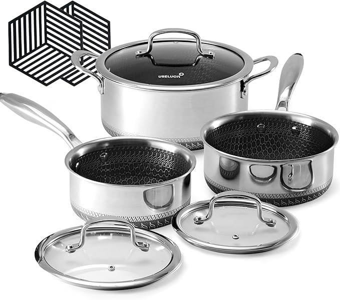🔥 Hybrid Nonstick 6-Piece Pot Set with 2 Silicone Trivets