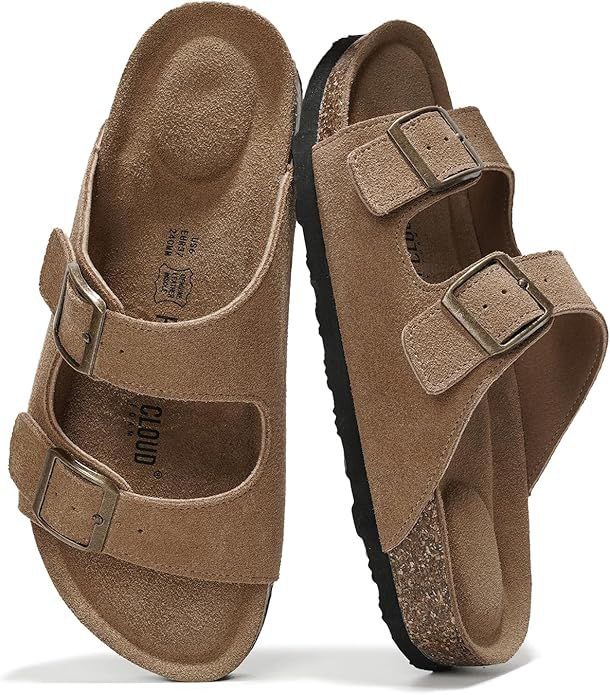 🔥 Project Cloud 100% Genuine Leather Flat Sandals For Women 2026 Cork Footbed Womens Sandals with Memory Foam and arch sup
