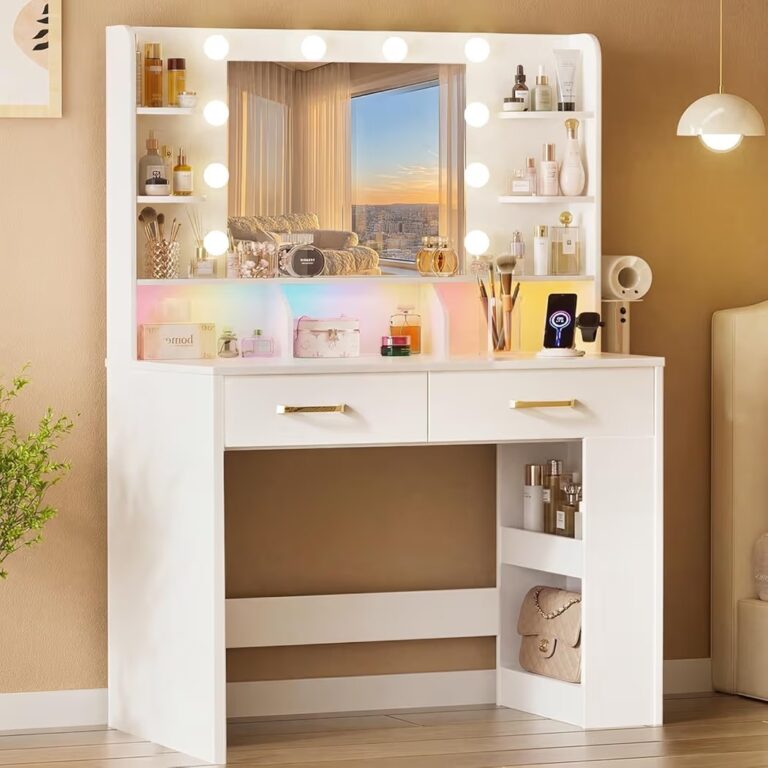 🔥 COMHOMA Vanity Desk with Lighted Mirror and Power Outlet, RGB LED Lights Makeup Vanity Set for Girls, Large Storage Capa  — $109  (was $154)