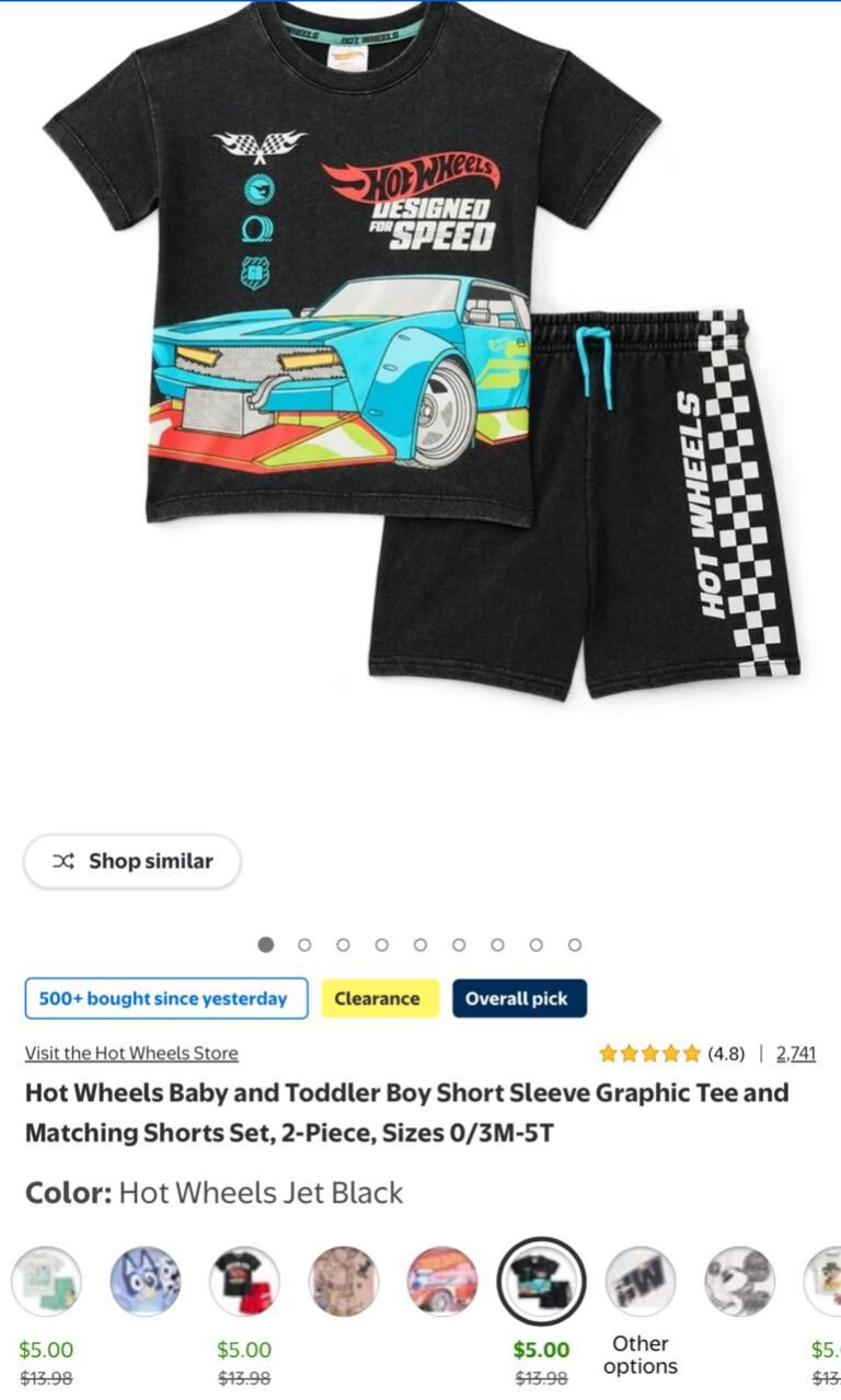 🔥 Hot Wheels Baby and Toddler Boy Short Sleeve Graphic Tee and Matching Shorts Set, 2-Piece, Sizes 0/3M-5T  — $5
