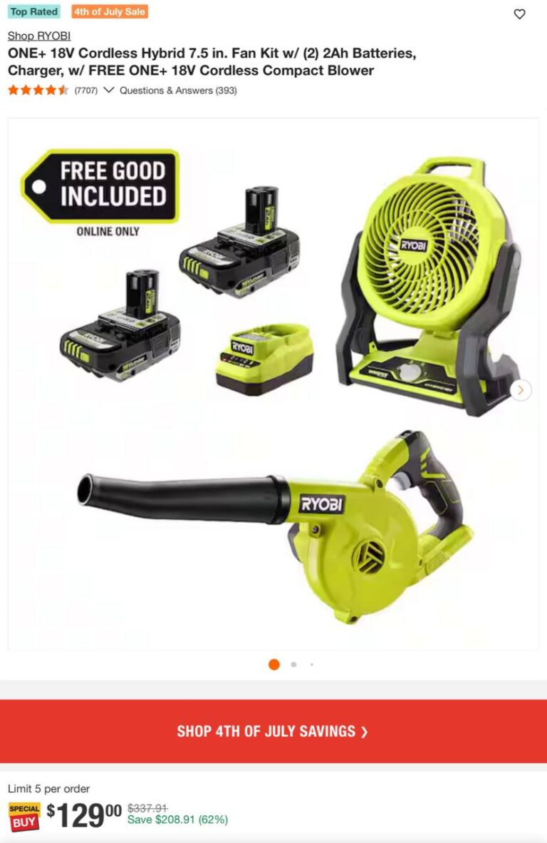 🔥 ONE+ 18V Cordless Hybrid 7.5 in. Fan Kit w/ (2) 2Ah Batteries, Charger, w/ FREE ONE+ 18V Cordless Compact Blower  — $129