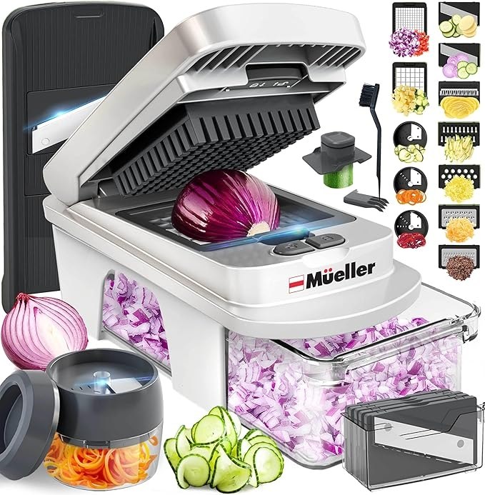 🔥 Mueller Pro-Series All-in-One, 12 Blade Mandoline Slicer for Kitchen, Food Chopper, Vegetable Slicer and Spiralizer, Cut