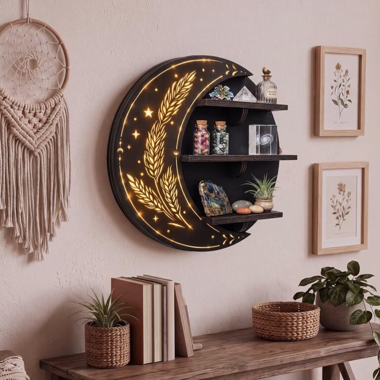 🔥 Wall Shelf, Crescent Moon Shelf, Crystal Display Shelf with LED Light-3 Lighting Modes, Trinket Shelf for Collectibles,   — $29  (was $39)