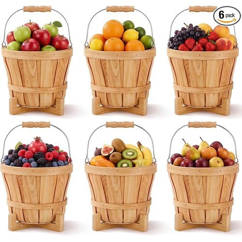 🔥 6 Pack Small Wooden Bushel Baskets with Handle and Racks 7.87 x 5.9 Inch Empty Wood Fruit Buckets Retail Display Apple B  — $25.99  (was $64)