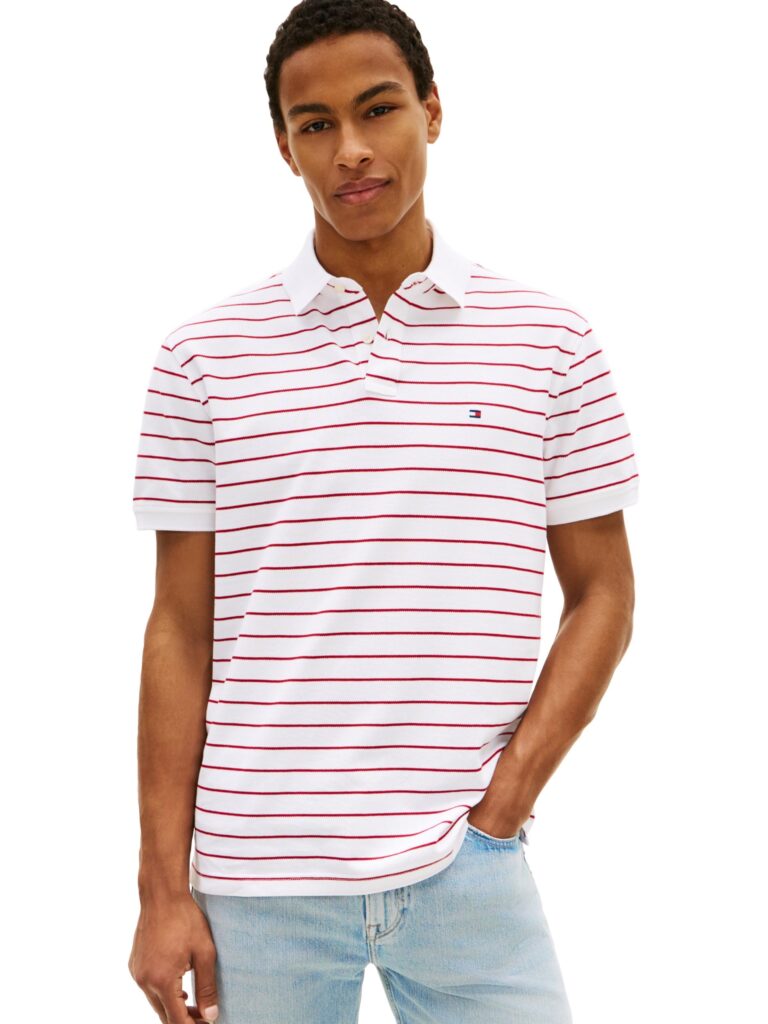 🔥 Tommy Hilfiger Men’s 1985 Classic Short Sleeve Polo, White/Medium RED XX  — $39.99  (was $79.50)