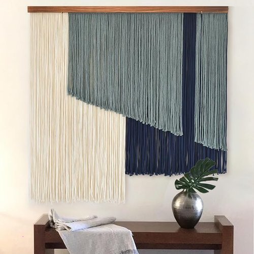 🔥 Jakalin Macrame Wall Hanging Boho Yarn Tassel Art Blue Modern Wall Décor for Living Room, Bedroom, Office,39″ W x 39″ L  — $24.99  (was $49)