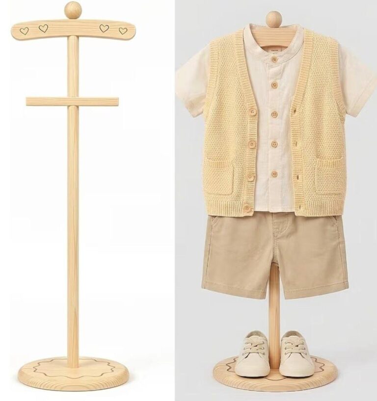 🔥 Natural Wood Baby Clothes Display Stand with Heart Details, Baby Shower Centerpiece & Wooden Clothes Rack, Scalloped Bas  — $28.97  (was $28.97)