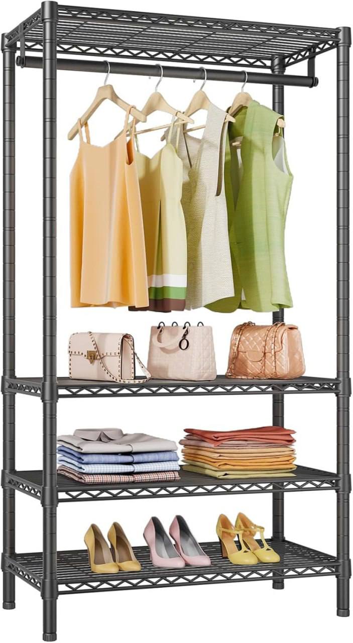 🔥 Medium Portable Garment Racks 440lbs Load Capacity, Heavy Duty Clothes Rack with 4 Tiers Adjustable Shelves & Hanging Ro  — $89.99  (was $89.99)