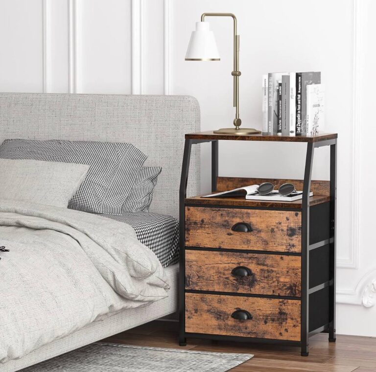 🔥 Nightstand with 3 Drawers and 2-Tier Shelf, Fabric Small Dresser Organizer Vertical Storage Tower for Bedroom, Closet, E  — $49.99  (was $49.99)
