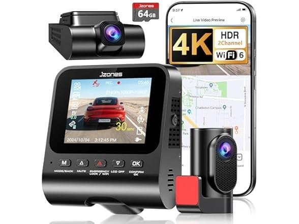 🔥 JZONES 4K Dash Cam Front and Rear, HDR Night Vision Dash Camera for Cars – 64GB Card, 5.8GHz WiFi6 up to 20MB/s, APP Con  — $39  (was $149)