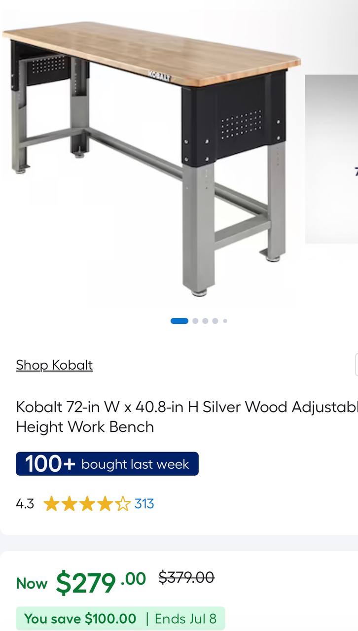 🔥 Kobalt 72-in W x 40.8-in H Silver Wood Adjustable Height Work Bench  — $279  (was $379)