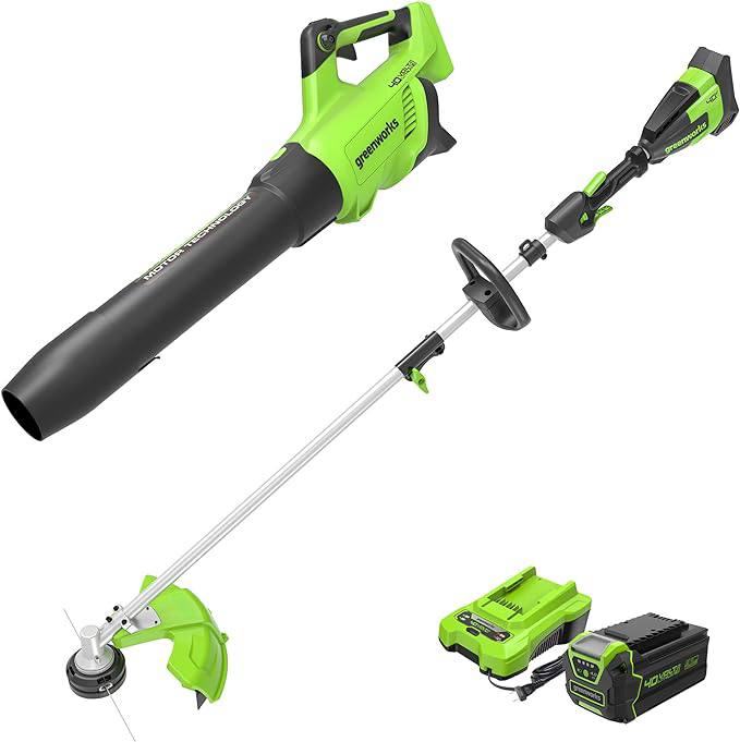 🔥 Greenworks 40V Brushless String Trimmer & Leaf Blower Combo Kit, 16″ Attachment Capable Trimmer, 550 CFM 130 MPH Blower   — $196  (was $349)
