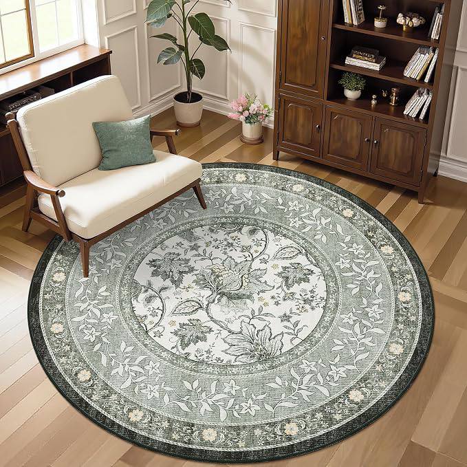 🔥 GarveeHome Provence Fog Gray Botanical Grove 5ft Round Rug, Small Circle Vintage Cottagecore Soft Low-Pile Non-Slip Wash  — $25  (was $49)