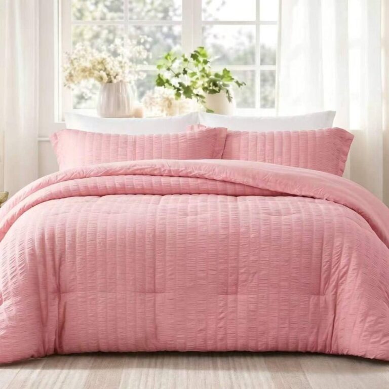 🔥 Queen Comforter Set 3PCS Seersucker Lightweight Bed Set for All Season,1 Elegant Peach Pink Comforter (90″x90″) and 2 So  — $39.99  (was $39.99)