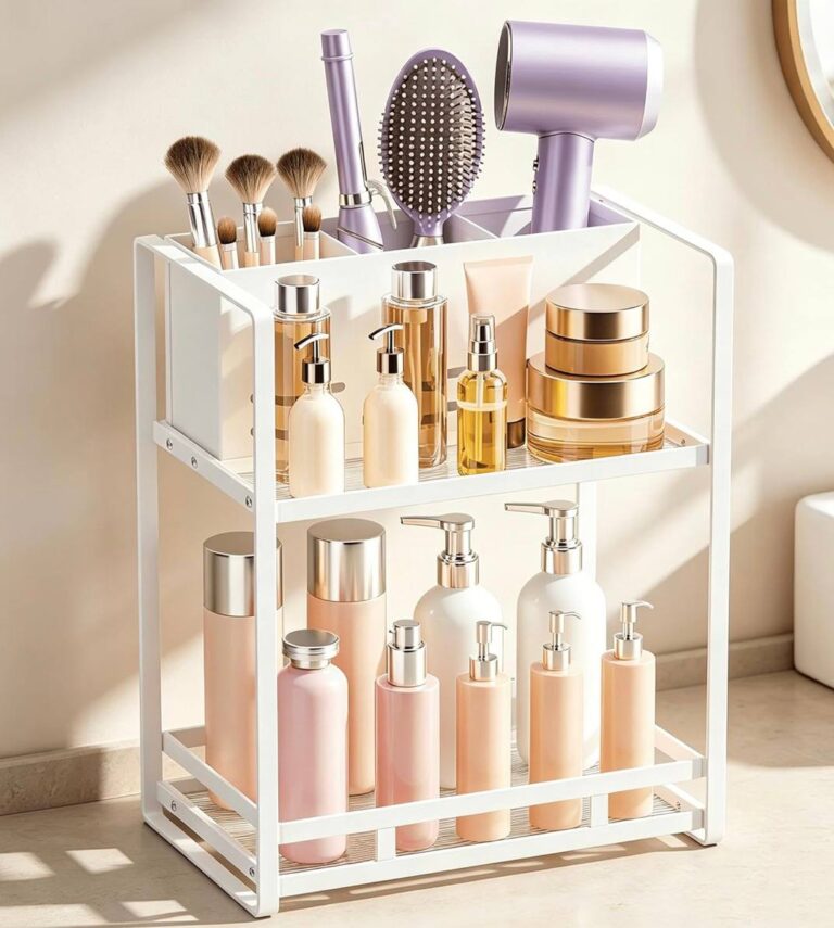 🔥 2-Tier Metal Bathroom Organizer with Blow Dryer Holder, Large Capacity Space-Saving Vanity Shelf for Perfume, Skincare &  — $24.98  (was $24.98)