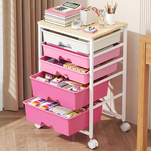🔥 Goovilla Rolling Cart with Drawers, Utility Cart Organizer With 5 Removable Drawers and Wooden Tabletop, Lockable Rollin  — $27.99  (was $39)