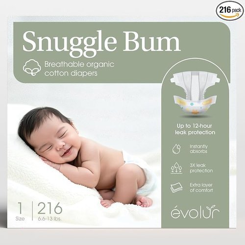 🔥 Evolur Snuggle Bum Baby Diapers Size 1, Newborn, PFAS-Free, 216 Count  — $31.99