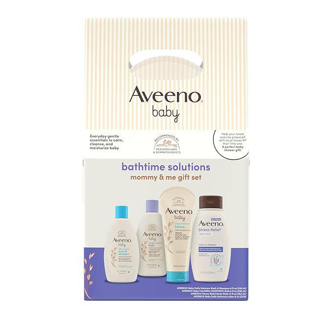 🔥 Aveeno Baby Bathtime Solutions Mommy & Me Gift Set, Baby Wash & Shampoo, Calming Bath, Daily Moisturizing Lotion and Str  — $7  (was $22)