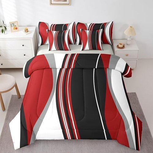 🔥 Erosebridal Red and Black Striped 7-Piece Bedding Set Full Grey Modern Abstract Bed in a Bag for Adult Women Men Geometr  — $21.99  (was $56)