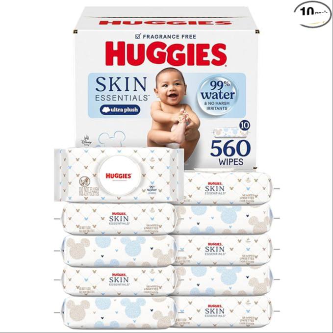 🔥 Huggies Skin Essentials Baby Wipes, Hypoallergenic, 99% Water, 10 Flip Top Packs (560 Wipes Total  — $20  (was $28)