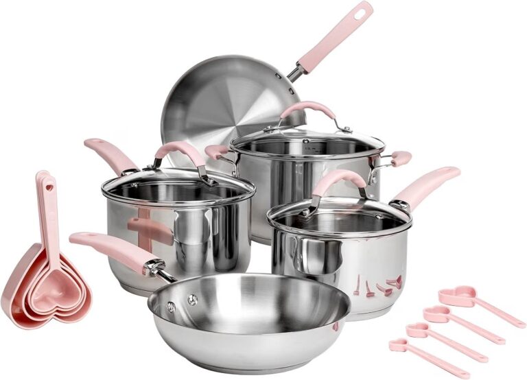 🔥 Paris Hilton Stainless Steel Pots and Pans Set with Stay-Cool Pink Handles, Tempered Glass Lids, Bonus Heart Shaped Meas  — $63  (was $108)