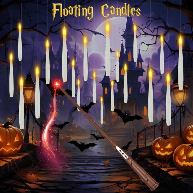 🔥 Halloween Decoration, Floating Candles with Wand, 10 PCs Flameless Magic Hanging Candles with 11 AAA Battery, Flickering  — $16  (was $29)