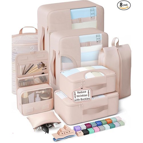 Veken 8 Set Packing Cubes for Travel Essentials,Anti-Wrinkle Buckled Suitcase Organizer for Shoe & Toiletry Bag,Carry On