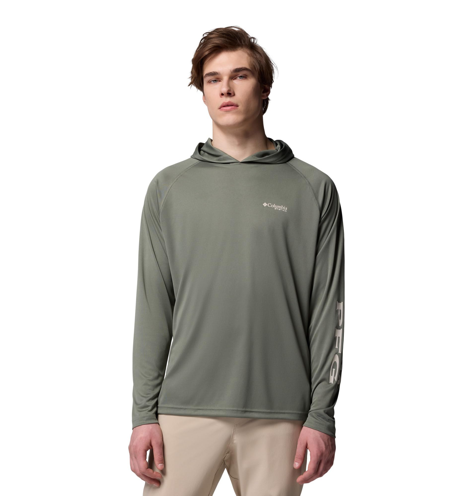 Columbia Mens PFG Terminal Tackle Long Sleeve Fishing Hoodie, Cypress/Dark Stone Logo