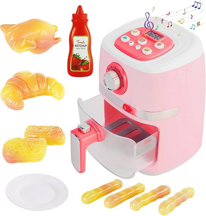 Pretend Kitchen Appliances Set with Toy Air Fryer for Kids, Pink | Play Kitchen Accessories with Sound and Lighting, Col