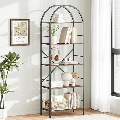 Arched Tall Bookshelf, 5 Tier Narrow Bookcase, Display Stand Book Shelf, Wide Bookshelves with 4 Hooks for Living Room, 