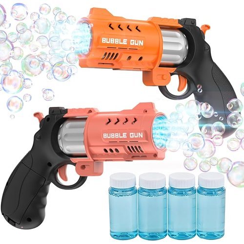 EagleStone 2 Pack Revolver Bubble Guns for Kids, Swing-Out Cylinder, 8000+ Bubbles/Min, LED Light Up, 4 Bubble Solution 