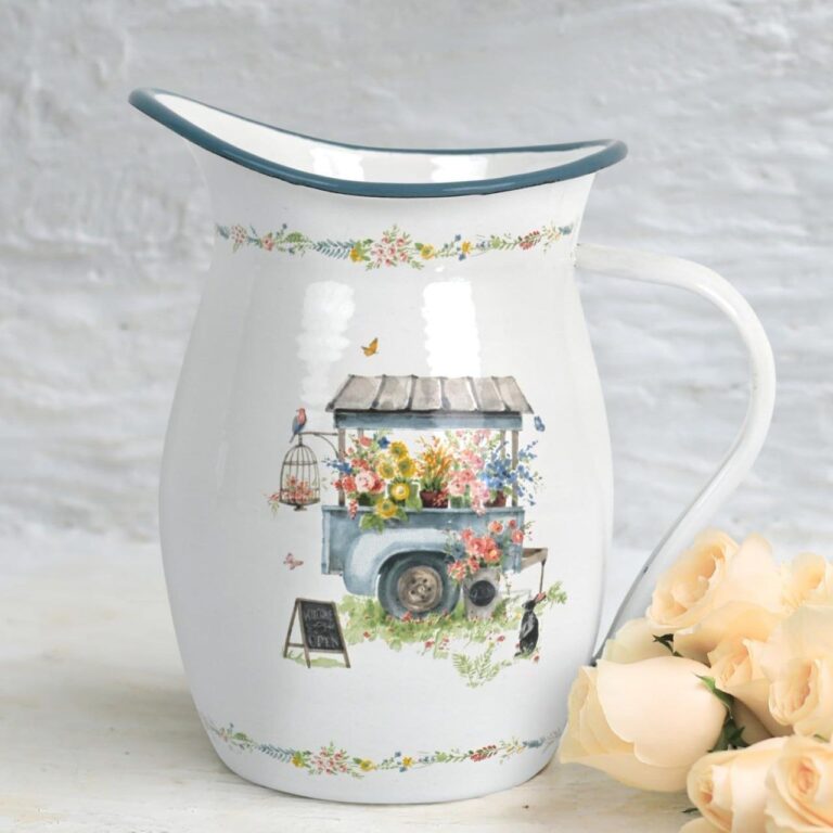 🔥 Enamel Pitcher with Wide Handle Vintage Metal Farmhouse Pitcher Vase