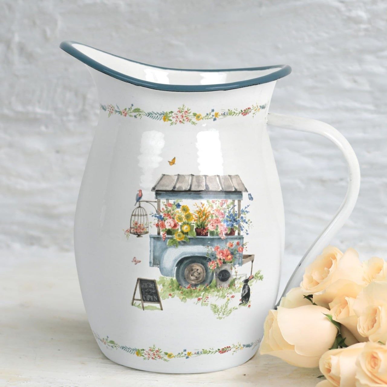 Enamel Pitcher with Wide Handle Vintage Metal Farmhouse Pitcher Vase