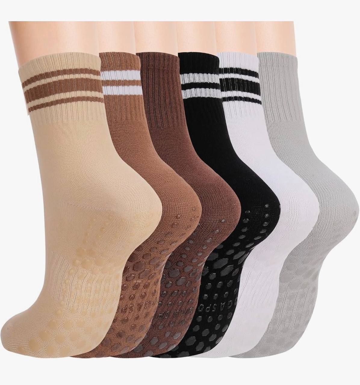 Pilates Grip Socks for Women, 6-Pack Striped Non-Slip Yoga Socks, Grippy Barre Workout Socks