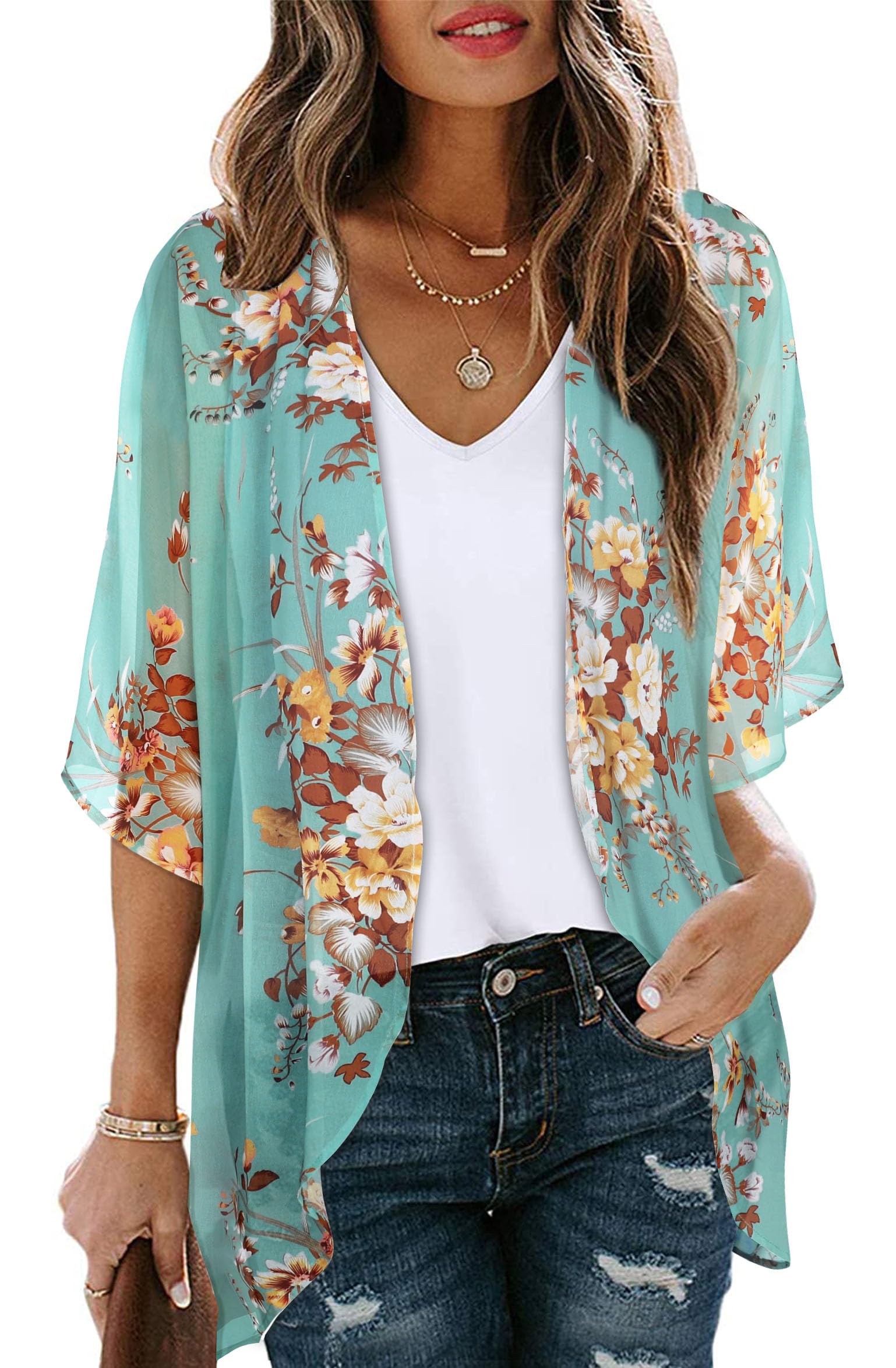 Womens Kimonos Bathingsuit Cover Ups Floral Cardigan 3/4 Sleeves Shrug Summer Tops