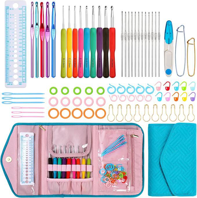 Blingcute Ergonomic Crochet Hook Set with Case, 82 PCS Crochet Starter Kit (0.6–10mm), Aluminum Hooks with Soft Grip, Co