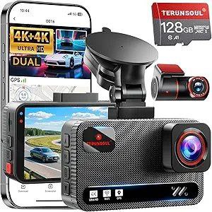 TERUNSOUl 4K+4K Dash Cam Front and Rear, Free 128GB Card Included, 5.8GHz WiFi Dash Camera for Cars, Built-in GPS, G-Sen