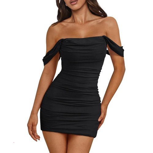 Trendy Queen Womens Mesh Off The Shoulder Ruched Mini Dresses